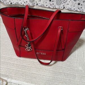 Guess Red Leather Tote Bag with Decorative Charm
